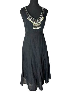 HOG Black Linen Blend Sleeveless Midi Dress Beaded Zipper Lined Size 8